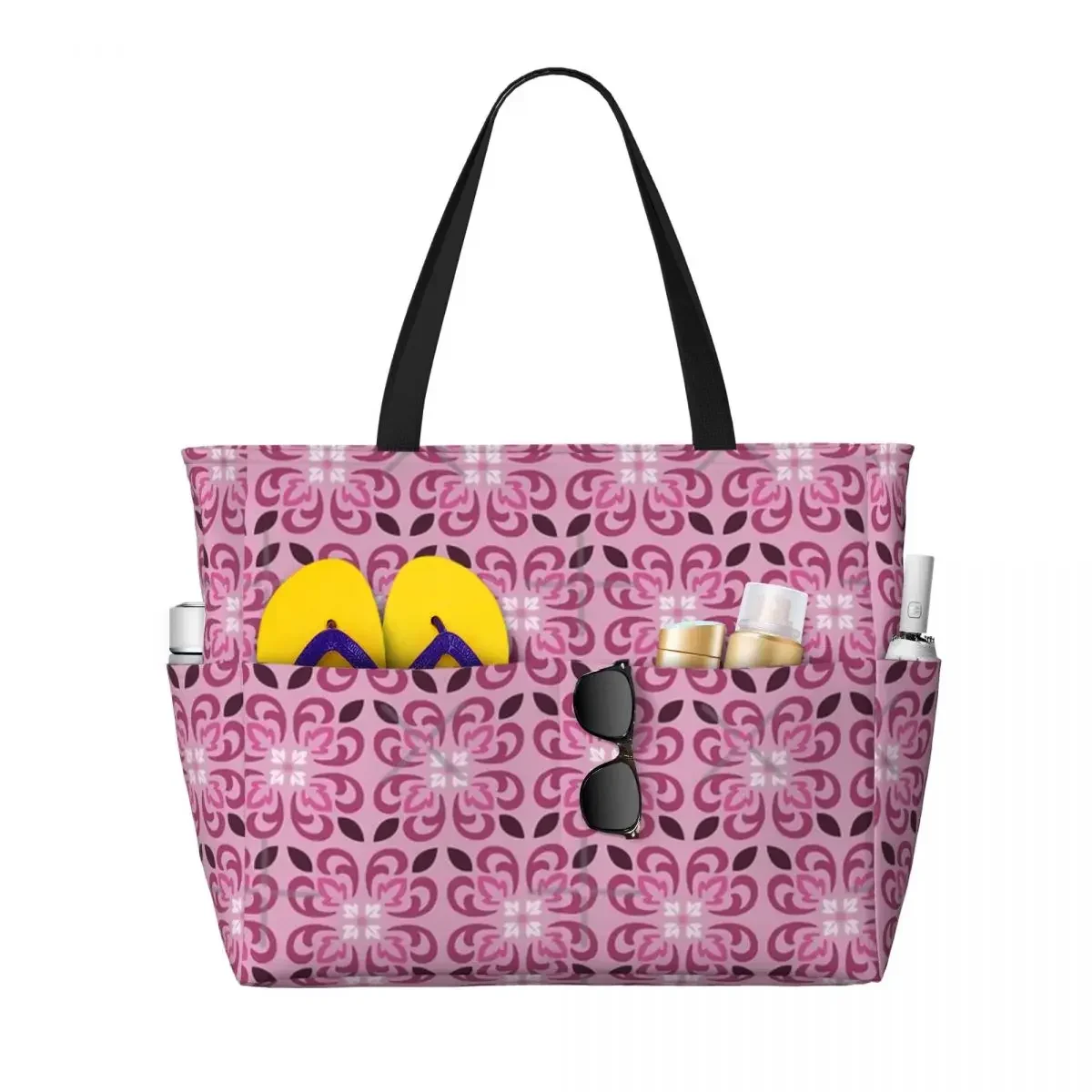 

Pink And White Portuguese Beach Travel Bag, Tote Popular Shopping Daily Shoulder Multi-Style Pattern