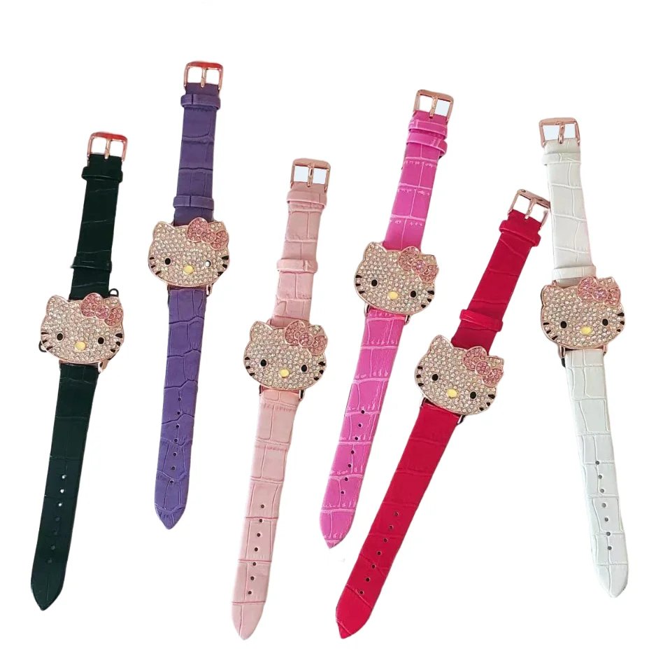 Miniso Anime Cartoon Sanrio Hello Kitty Head Silicone Diamond Quartz Girls Student Watch Kids Leather Belt Watch Birthday Gifts