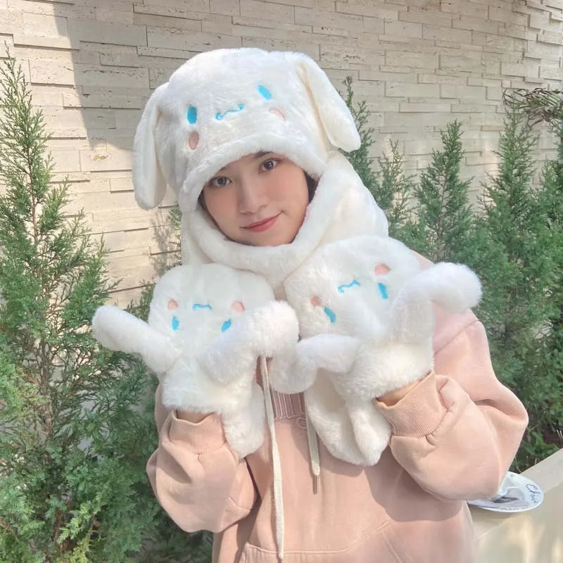 Sanrio Plush Hat Kuromi My Melody Cinnamoroll Kawaii Hat Scarf Gloves Trinity Sweet Girl Winter Warm Accessories Girlfriend Gift