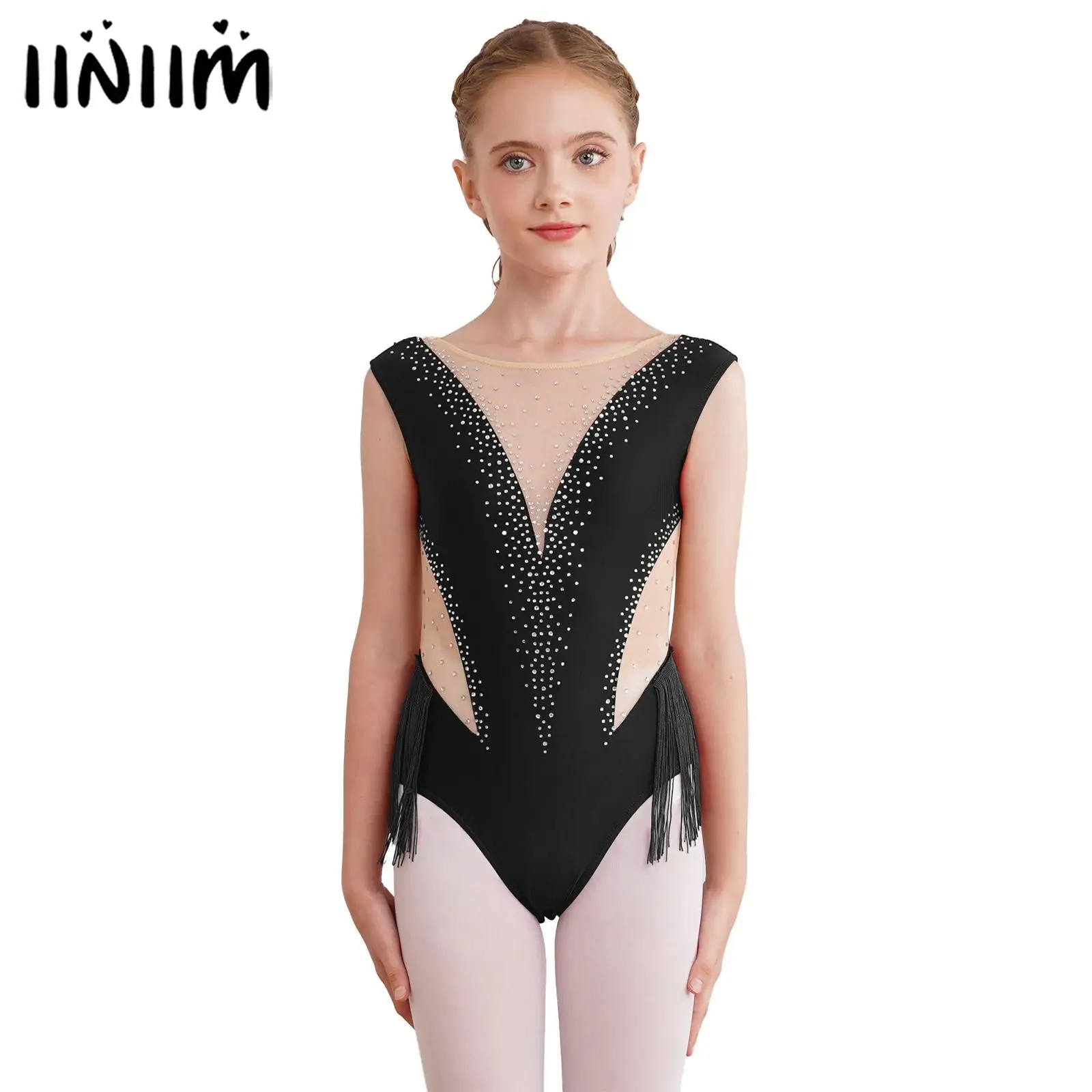Niños Niñas brillante Rhinestone Ballet leotardo traje gimnasia figura patinaje sobre hielo mono borla baile latino leotardo con flecos