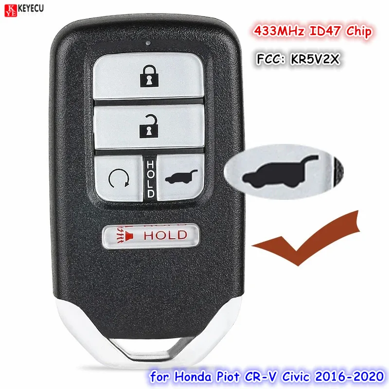 

Смарт-ключ-брелок KEYECU 433 МГц с чипом ID47, замена KR5V2X, 5 кнопок, для Honda Pilot, CR-V, Civic 2016-2022
