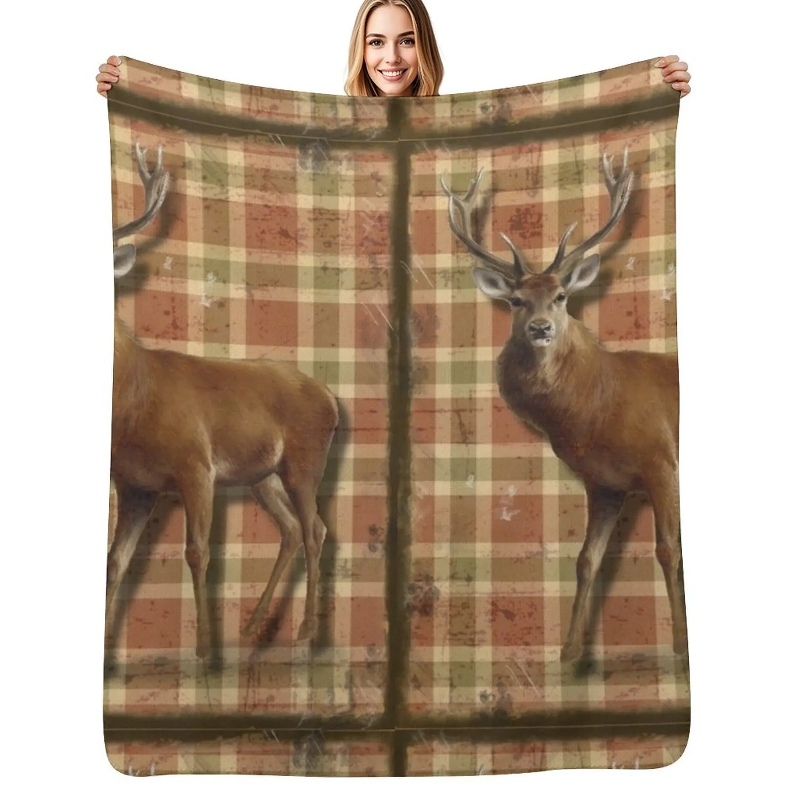 

Majestic Stag on Scottish Tartan. Throw Blanket cosplay anime Polar Camping Blankets