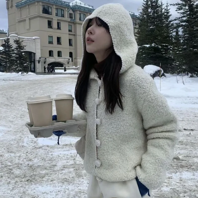 

Single Breasted Cardigan Women Knitted Sweater Hooded Jumpers Long Sleeve Sheep Wool Loose Fit Slight Strech Autumn Casual