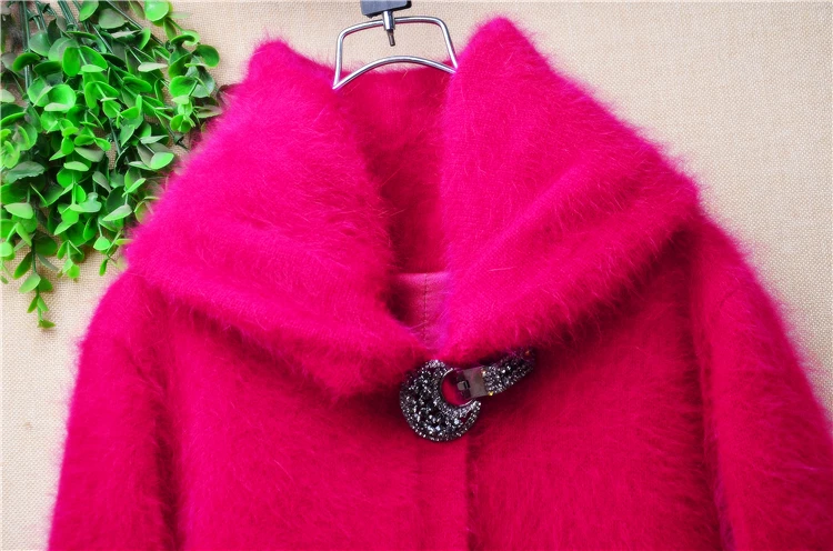 Ladies Women Autumn Winter Clothing Rose Hairy Mink Cashmere Knitted Long Sleeves Turtleneck Beading Loose Cardigans Angora Coat