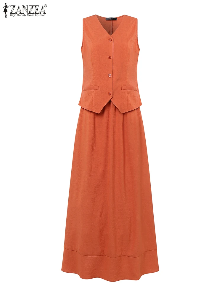 

ZANZEA Women Outfits Solid Color Vintage OL Work Suits 2025 Casual Sleeveless Tank Tops Long Skirts A-Line Two-piece Sets