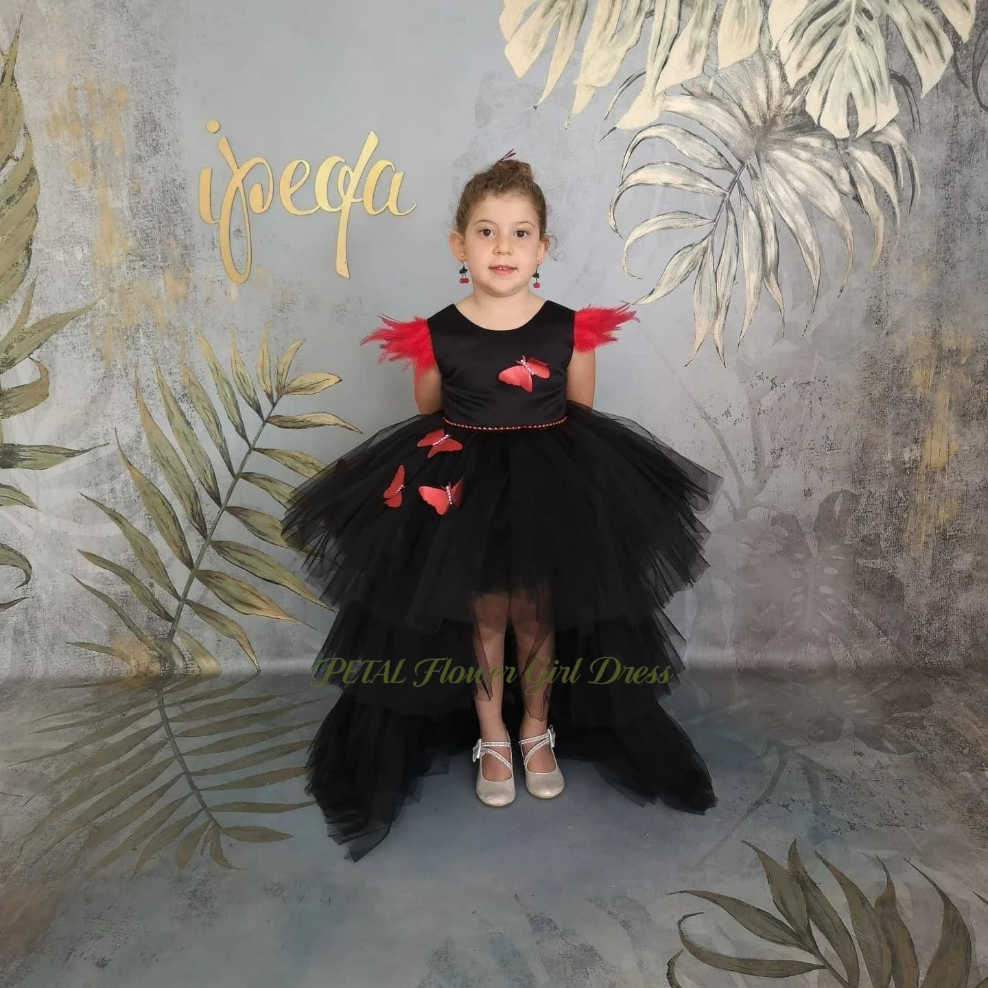 Petal High Low Kids Birthday Party Dress with Butterflies Fluffy Princess Girls Dress with Bow Girls Princess Dress Customized