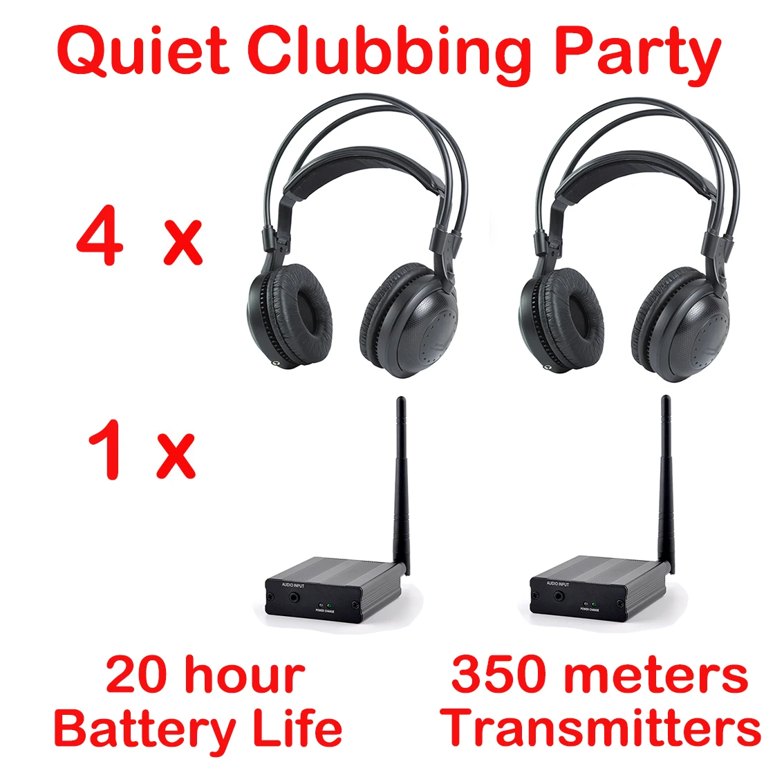 Professional Silent Disco RF Wireless Headphones - Quiet Clubbing Party Bundle (4 Receivers + 1 Transmitter)