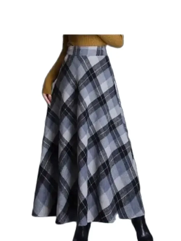 

1pcs/lot korean style woman long wool blend plaid skirt female autumn winter long plaid skirt