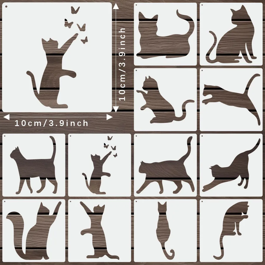 مجموعة استنسل رسم القط مكونة من 12 قطعة |   قوالب PET قابلة لإعادة الاستخدام مقاس 4 بوصة |   الأثاث/ديكور الحائط والحرف اليدوية