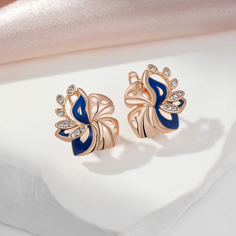 Syoujyo-ピンクゴールドカラーの女性用イヤリング,葉の形をした585イヤリング,光沢のある天然ジルコン,高級ジュエリー,パーティーギフト