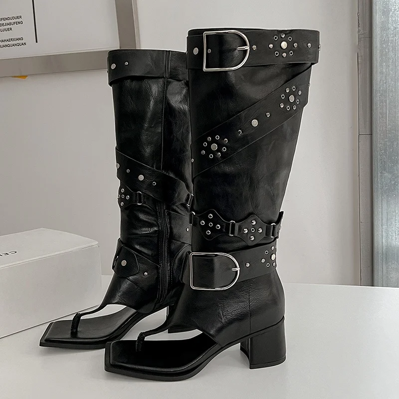 MKKHOU Fashion Cool Boots Women's New High Quality Genuine Leather Boots Square Head Pinch Toe High Heels Summer Sandals Boots
