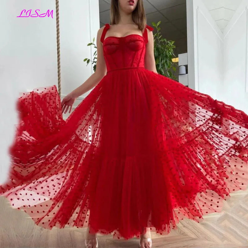 

Red Prom Dresses A-Line Dot Tulle Tea-Length Party Gown Christmas Robes de cocktail Dress for Teens Custom Made Plus Size