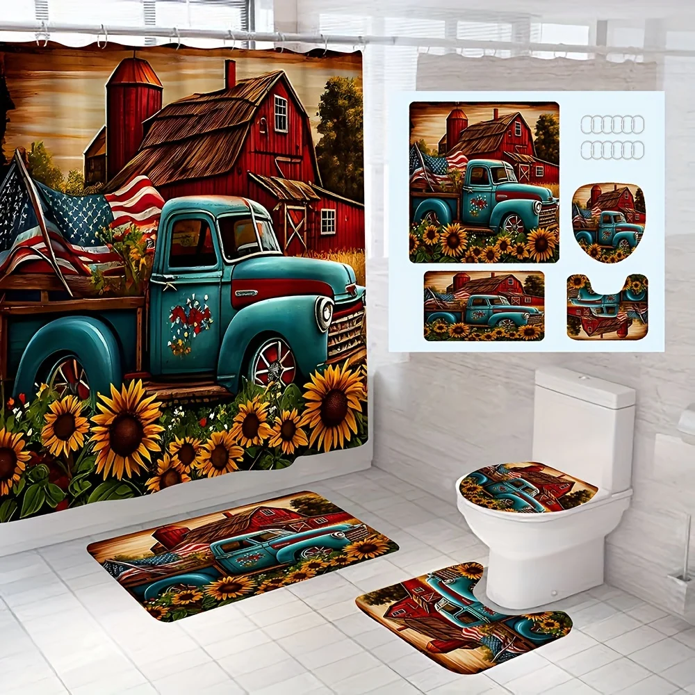 Rustic Charm Bathroom Four-Piece Set - Vintage Waterproof Shower Curtain for a Complete Bathroom Set