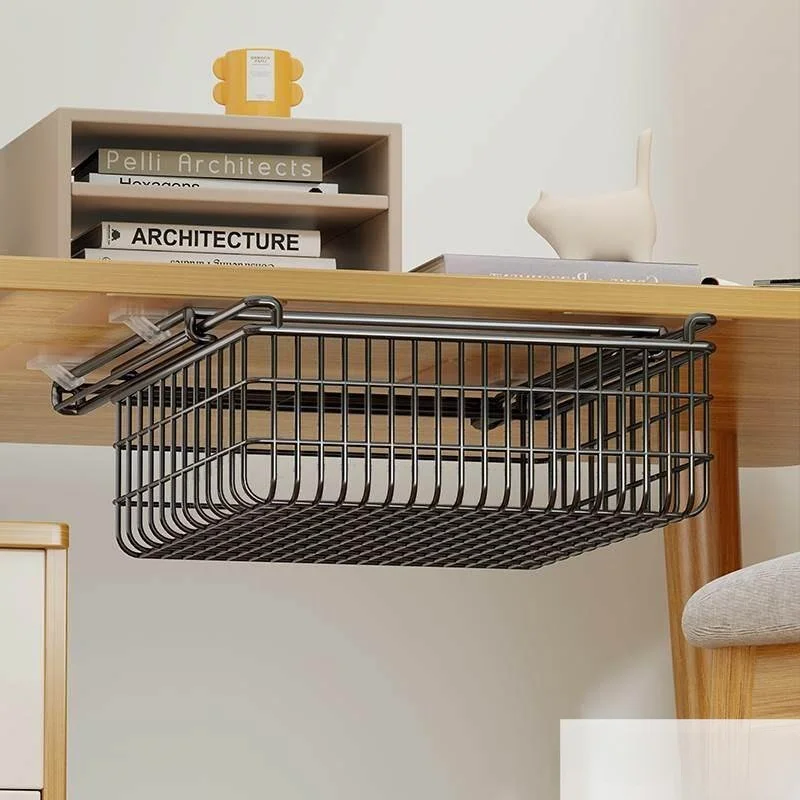 Office Desk underneath Storage Rack No Drilling Required Hanging Shelf Workstation Organizer Modern Simple Iron Material