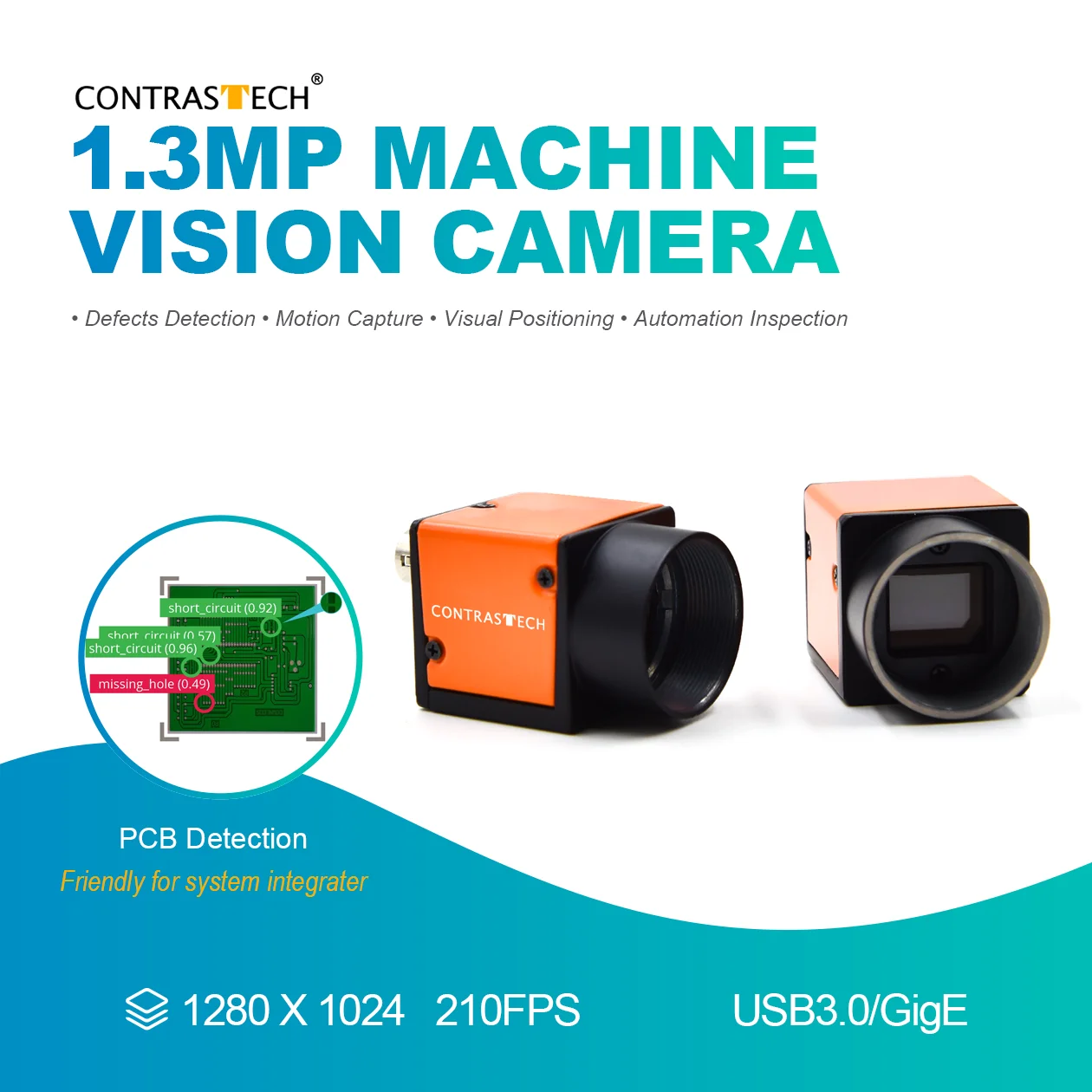 

Automation 1.3MP 90fps 210fps GigE USB3.0 1/2" Python1300 Machine Vision Industrial Camera for PCB Detection Contrastech