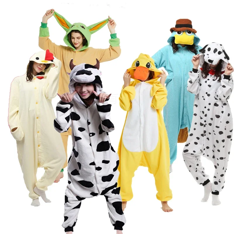 Winter Adult Animal Dalmatian Duck Onesies Cow Chicken Kigurumi Pajamas Cartoon Cosplay Costumes Jumpsuits Christmas Hooded