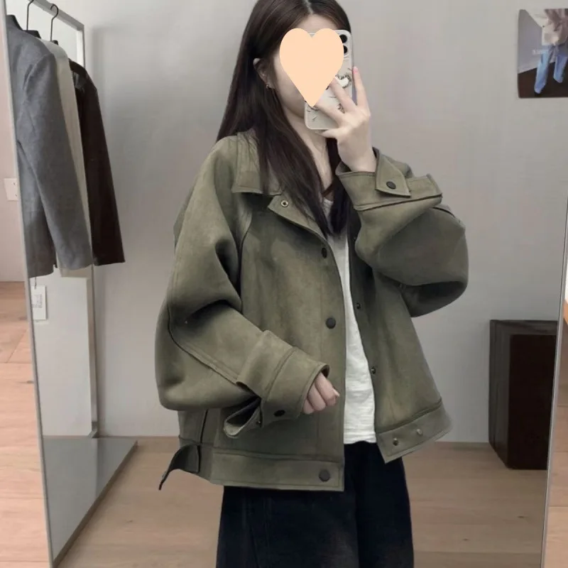

Women's Faux Suede Spring And Autumn American Retro Motorcycle Jacket, With Unique Design