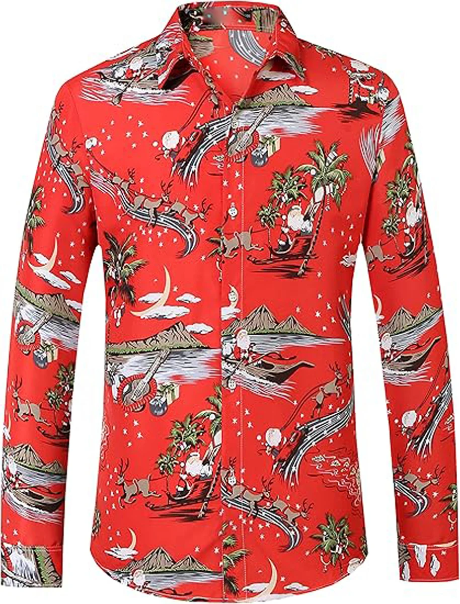 الرجال جديد لامعة عيد الميلاد السنة الجديدة عطلة 3D قميص مطبوع الشارع عارضة الطازجة المتضخم تنفس التلبيب زر قميص هاواي صيفي #6