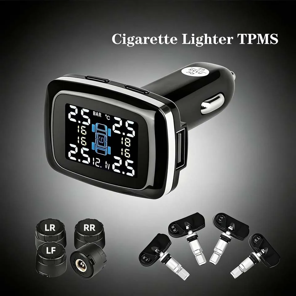 Tire Pressure Monitor With Built-in & External Tire Pressure Sensors Display Mini Cigarette Lighter And Tire Pressure Monitoring