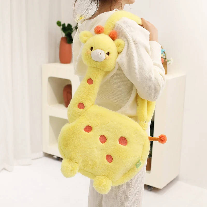 50x25x33cm Cartoon Giraffe Cross Body Bag Kawaii Plush Animal Pink Brown Yellow Wallet Birthday Gift