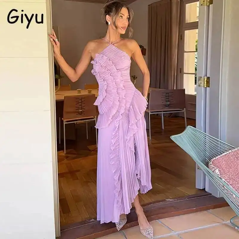 Giyu Sexy Evening Party Dresses Women Summer Halter Prom Gown Ruffles Lotus Edge Tiered Backless Robe Elegant Chiffon Long Dress