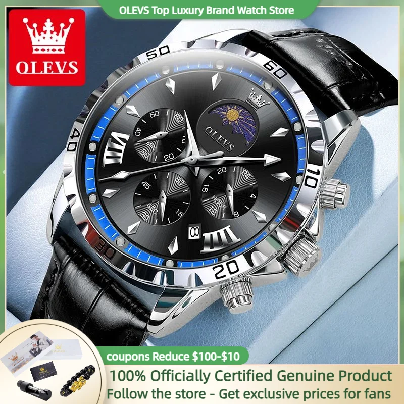 OLEVS Luxury Brand 2949 Men Watch Leather strap Multifunction Chronograph Calendar Moon Phase Quartz Watch for Man