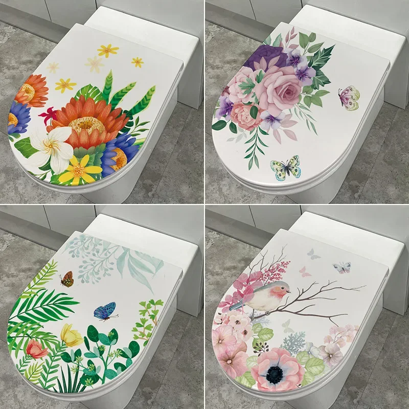 Flower Butterfly Plants Toilet Lid Stickers Hand Drawing Bird Ocean Dolphin Self-adhesive Decals Bathroom Home Decoration Mural