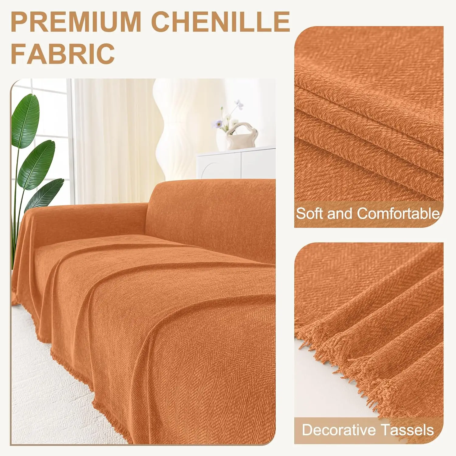 Chenille Sofa Covers For Dogs Washable Furniture Protector With Tassels 3 Cushion Couch Orange Pet Slipcover Thick Soft Sectiona