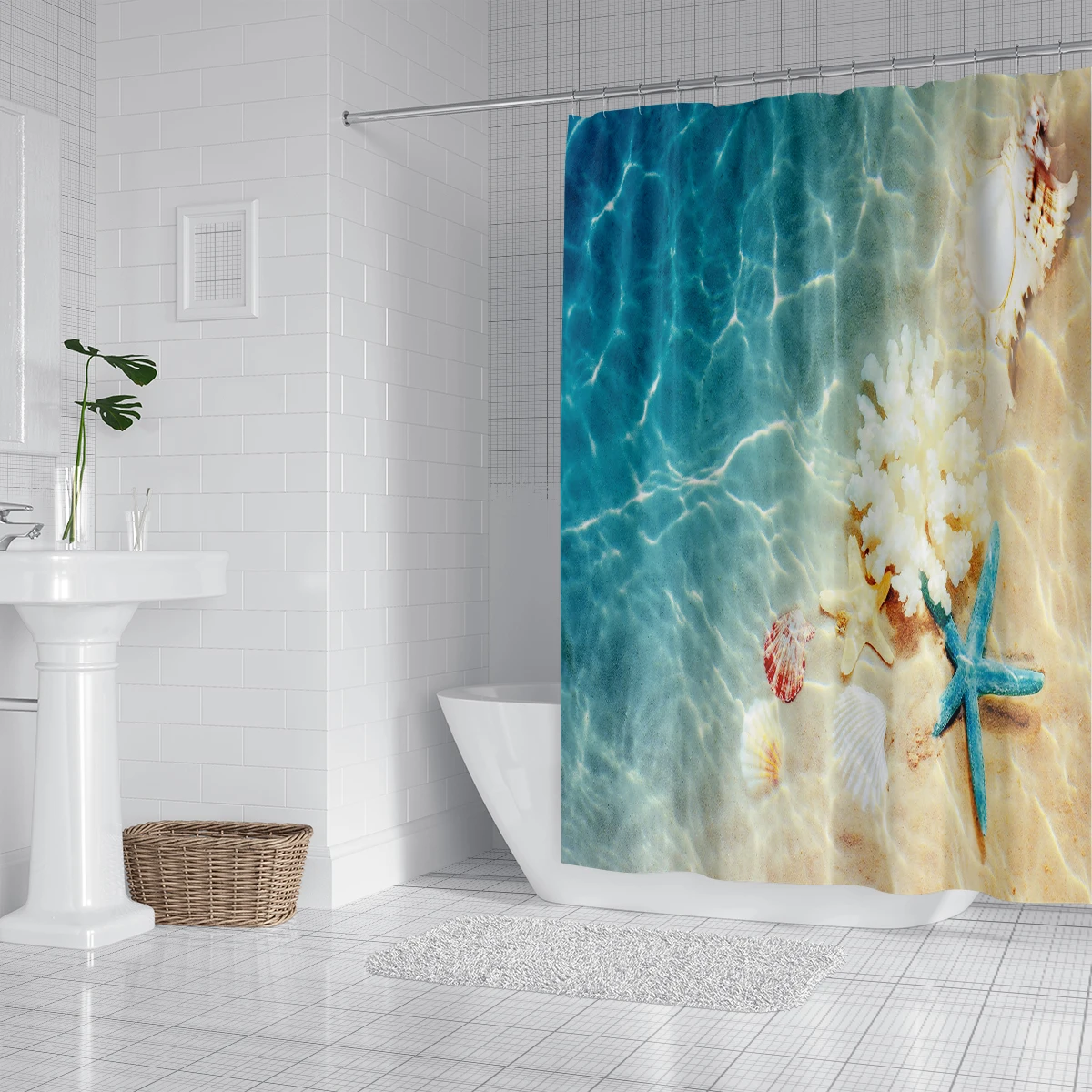 1 piece of 180x180cm beach starfish printed shower curtain with hooks, waterproof and mildew proof partition in the bathroom