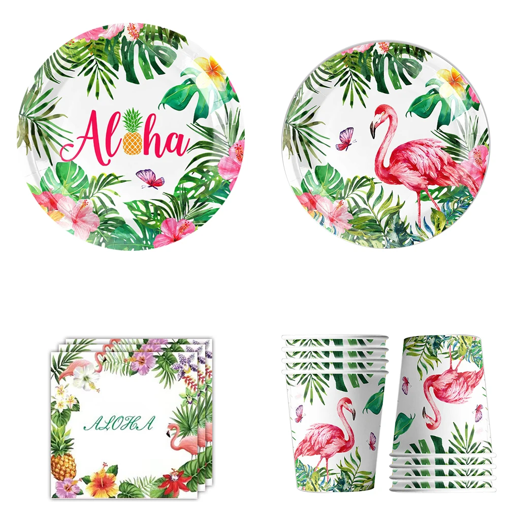 

Hawaii Flamingo Party Dispoasble Tableware Tropical Aloha Luau Plates Napkins Cups Happy Girls Flamingo Birthday Party Supplies