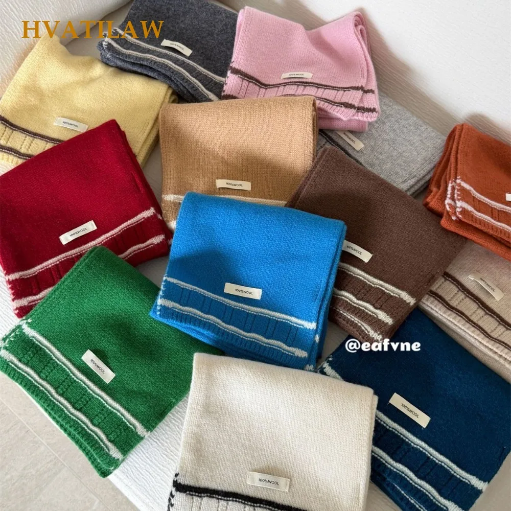Women 100% Wool Knitted Short Scarf Autumn Winter Contrast Striped Hem Neck Wrap Minimalist Label Neckerchief Fashion Accessory