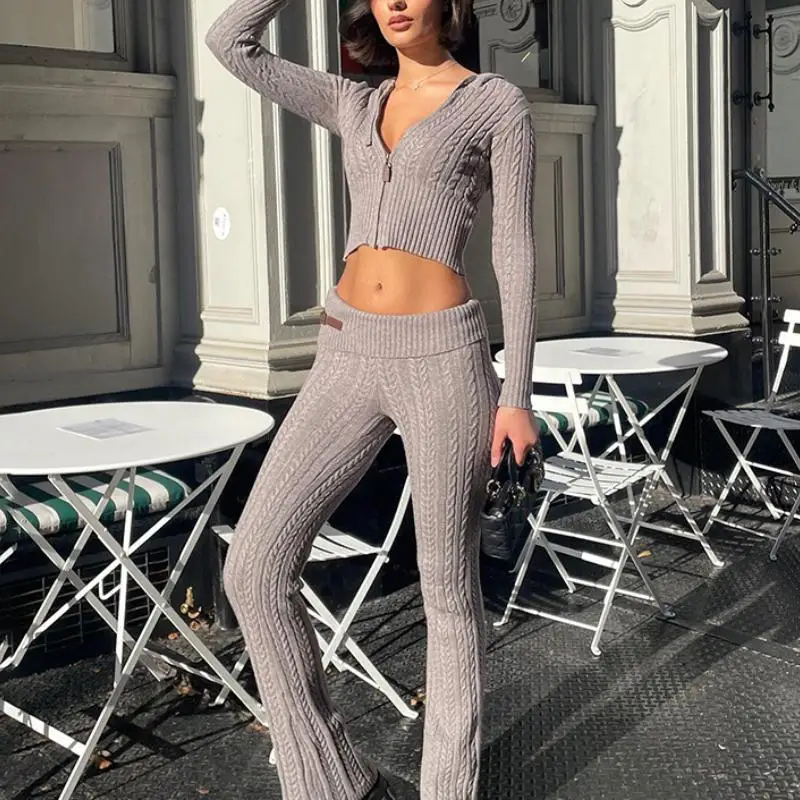 

Solid Women Pants Suit Knit Long Sleeved Jacket Hooded Top Fashion Spring Streetwear Elastic Two-Piece Set Female Clothing