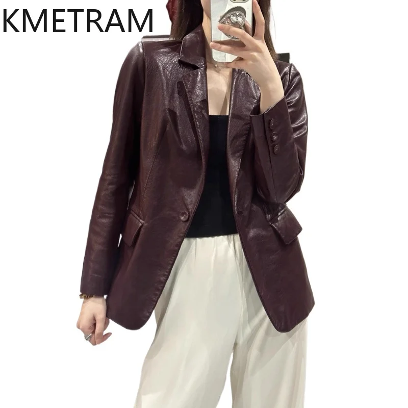 

KMETRAM Real Oil-Waxed Sheepskin Leather Jacket Woman Stylish Leather Blazer Genuine Leather Jackets 2026 Fall Women Clothes 자켓