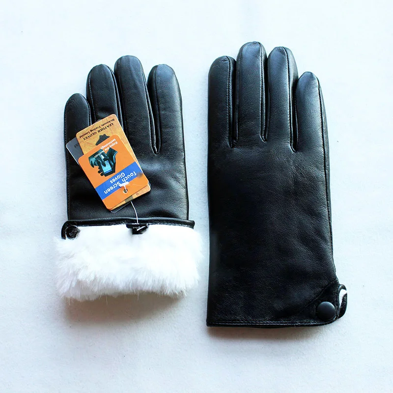 Winter Thick Warm Touch Screen Sheepskin Gloves Men's Leather White Rabbit Fur Lining Outdoor Wind and Cold Finger Gloves