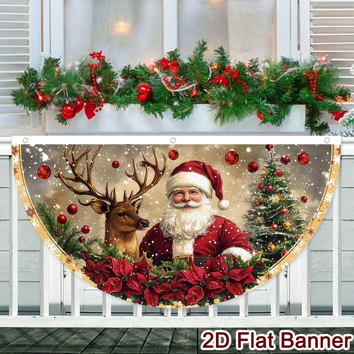 Vintage Christmas Fan-shaped Flag Outdoor Banner Christmas Decoration for Home 2025 Xmas Banner Navidad Natal Gift New Year 2026