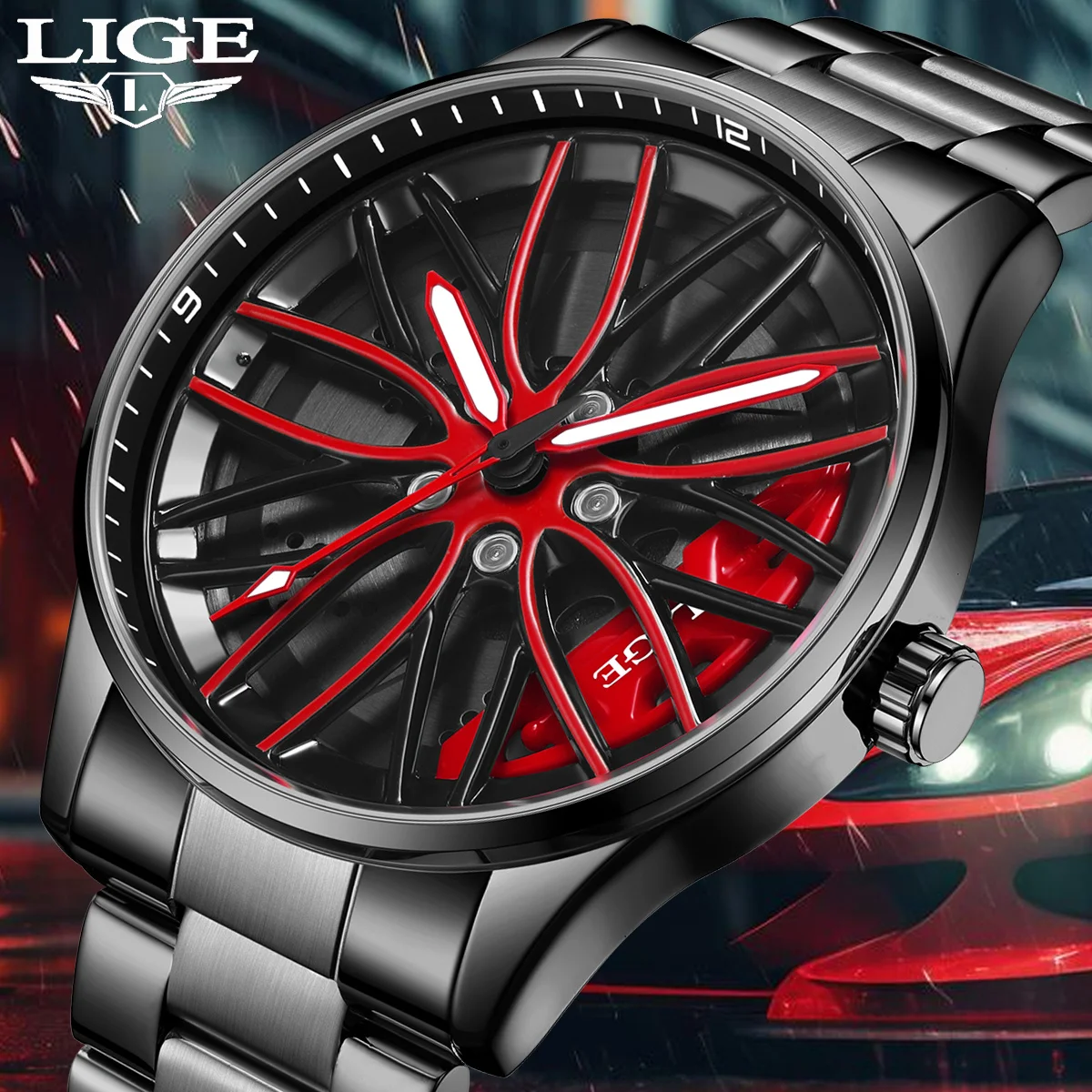 

LIGE Mens Quartz Watch Luxury Waterproof Stainless Steel Luminous Men Watches Fashion Sports Car Wheels Dial Business Man Watch
