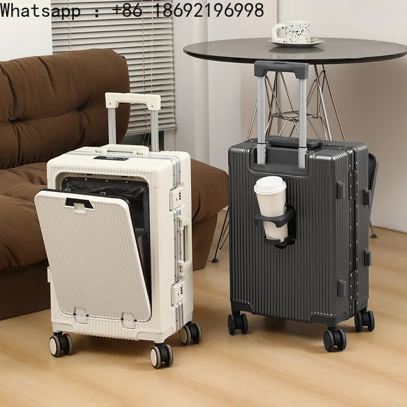 Aluminum Alloy Frame Suitcase Front Opening Pocket with USB Charging Plug Rolling Luggage Trolley Case Bag with Spinner Wheel