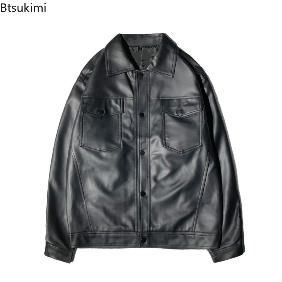 Men's Fashion Leather Jacket Loose Stand Collar PU Jacket Male Anti-wind Motorcycle Lapel Diagonal Zipper Jackets Men Clothing