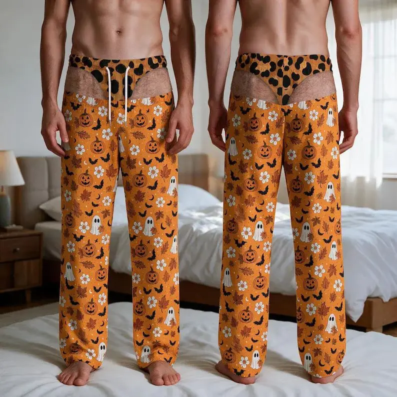 2027 Men Funny Christmas and Halloween Themed Underwear with 3D Printing, Visually Illusory Humorous and Personalized Long Pants