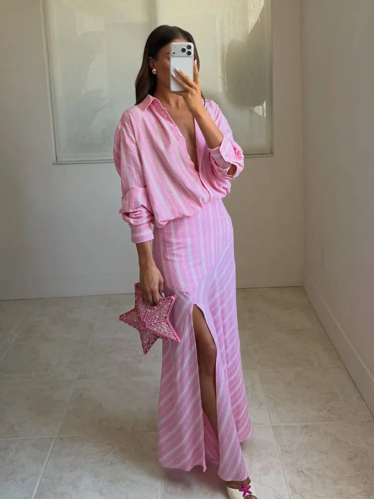 

HH 2026 Woman New Fashion Stripes Pink Lapel Single Breasted Long Sleeves Shirt+Zipper Splicing Pleated Long Skirt 2 Piece Set