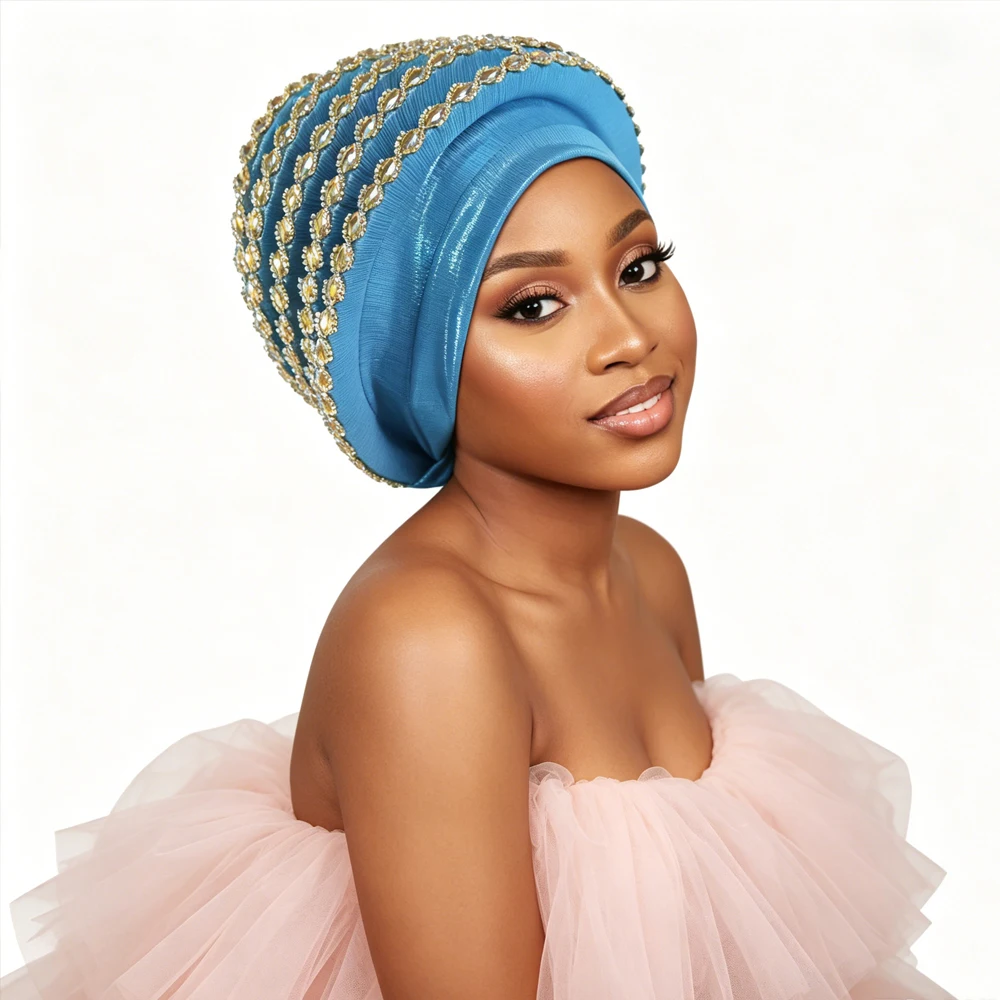 Shiny Diamonds Turban Cap for Women Hijab Muslim Bonnet African Auto Gele Headties Headscarf Head Wrap Nigerian Wedding Geles