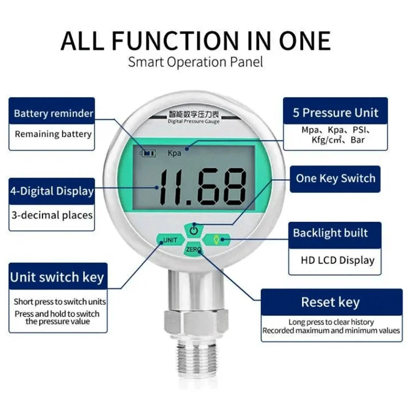 Digital Pressure Gauge 80mm LCD Display 0-60Mpa Manomete Battery-Powered Air Pressure Meter Psi/Bar/Kpa Water Pressure Gauge