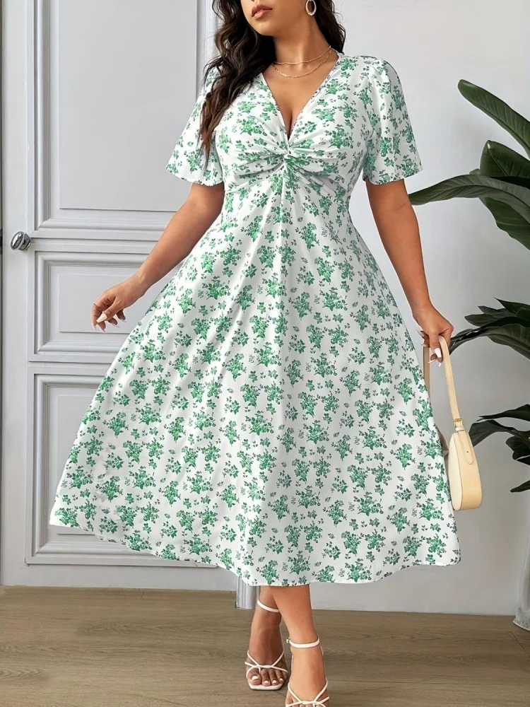 Summer Women'S Plus Size Bohemian Elegant Fashion Vacation Casual V-Neck Short Sleeved Dress