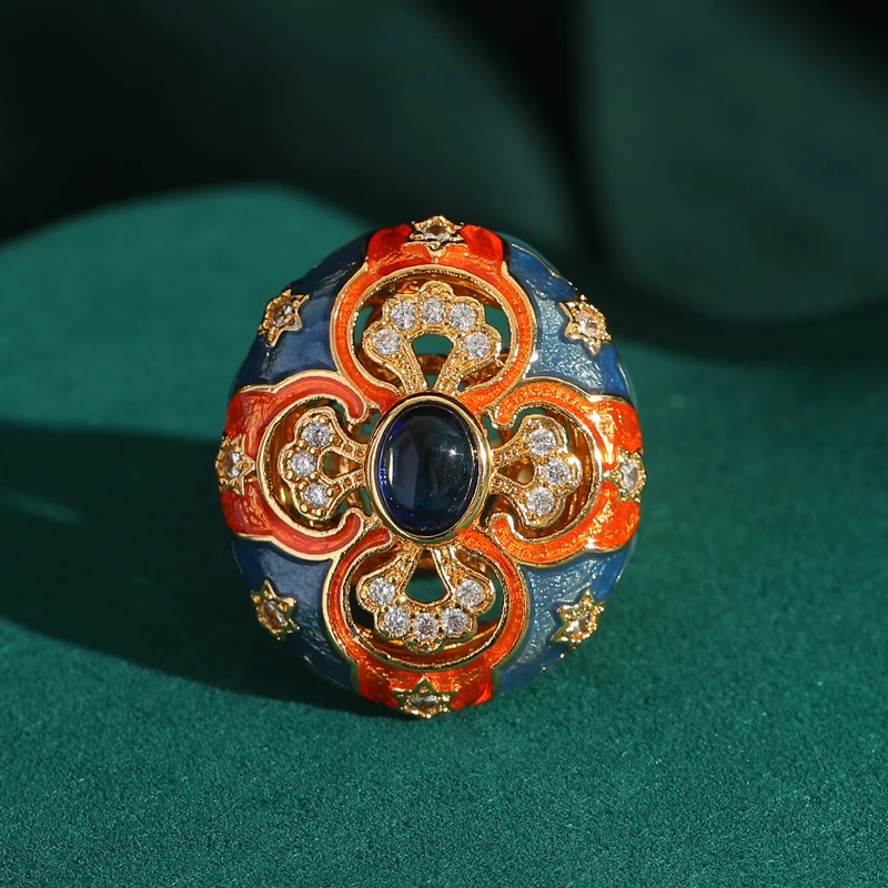 

Vintage Enamel Adjustable Ring 18K Gold Plated Floral Gemstone Women's Luxury Dinner Jewelry
