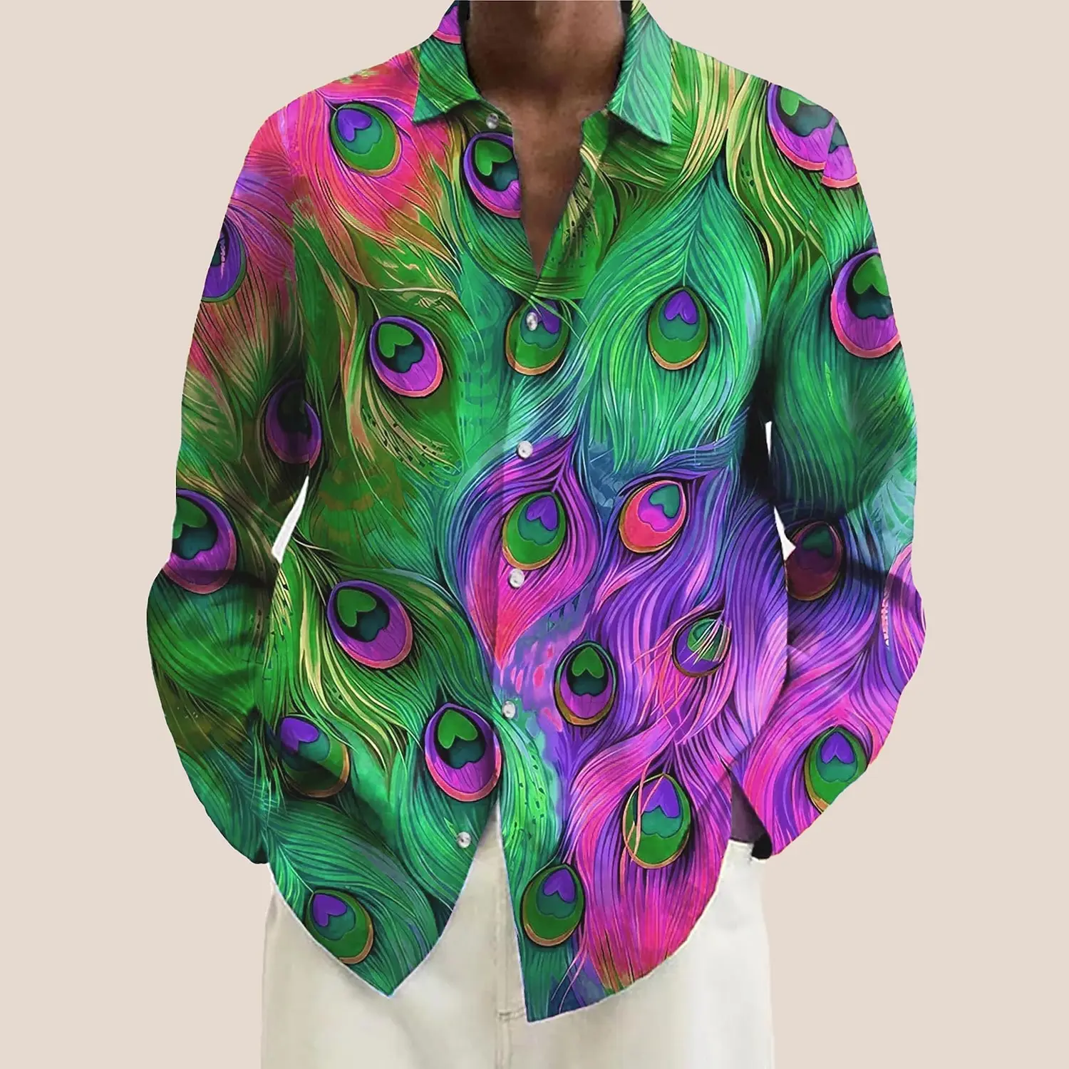 Heren Lange Mouwen Shirt Gradiënt Pauw Staart Patroon 3d Bedrukte Top Voor Lente Herfst Nieuwe Mode Casual Heren Unisex Kleding