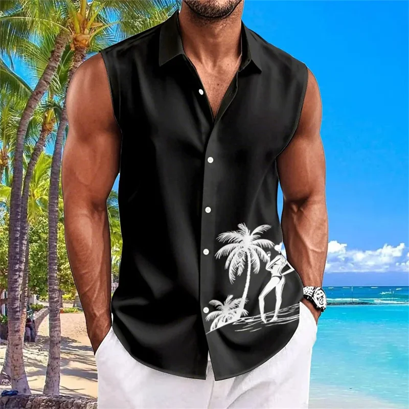 Men's Outdoor Simple Casual Sleeveless T-Shirt Summer Cool Breathable Shirt Hawaiian Beach Travel Vacation Top