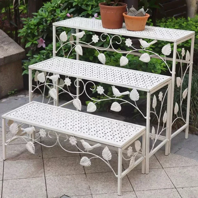Wrought iron flower stand three-layer trapezoidal pot bracket outdoor balcony garden succulent folding storage decorati