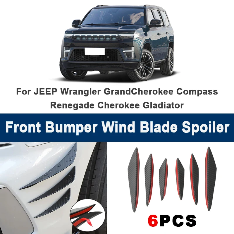 

6pcs Front Bumper Lip Side Splitter Fins Wind blade Spoiler -For JEEP Wrangler GrandCherokee Compass Renegade Cherokee Gladiator
