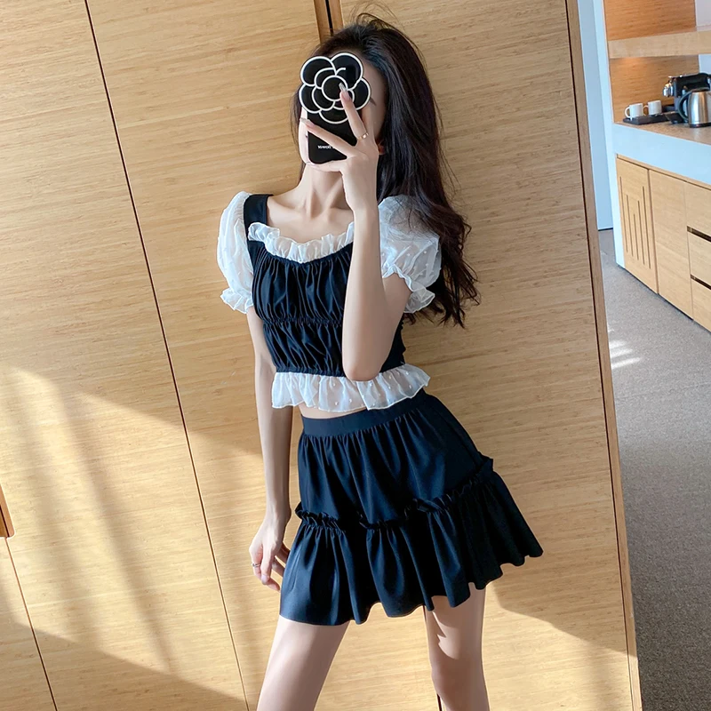 Swimsuit Female Summer Conservative Student Sweet Ruffles Splicing Split Swimsuit Korean  2025 New Water Park Fairy Swimwear