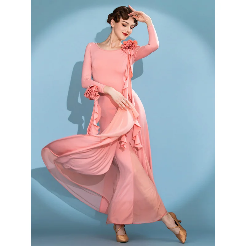 

Women's Adult Modern Dance Dress Ballroom Standard Dancewear Crystal Linen Cotton Pleated High-quality Practice Wear